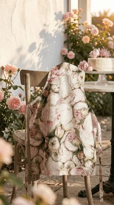 Floral-patterned fabric draped over a chair with flowers in the background