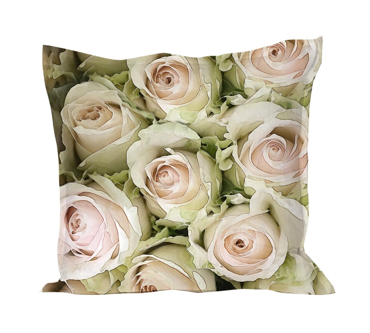 A cushion cover featuring a vintage rose pattern with a pink and white color palette.