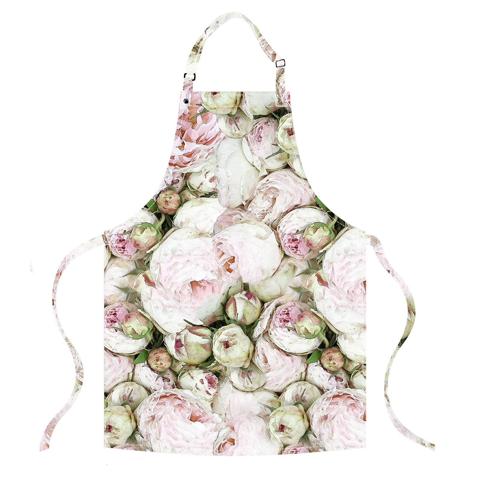 A kitchen apron featuring a floral pattern with pink peony designs, with an adjustable neck loop and ties.